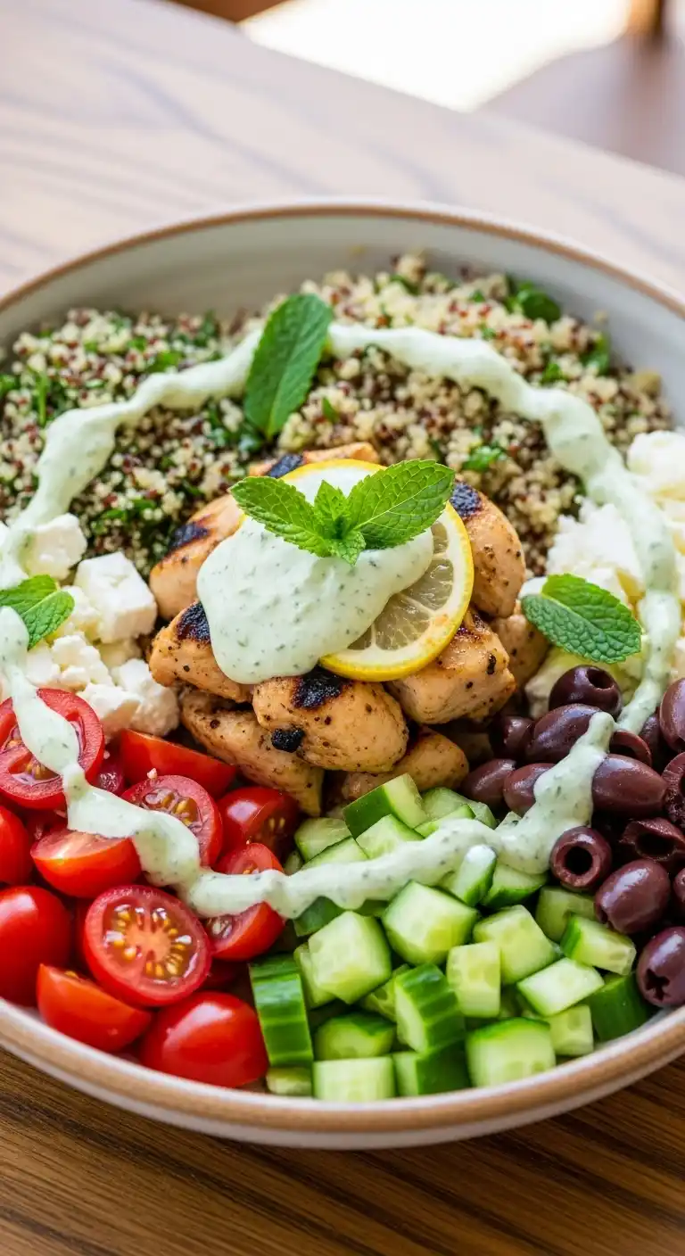 Greek Lemon Chicken Bowls with Sizzled Mint Goddess Sauce 2 Greek Lemon Chicken Bowls with Sizzled Mint Goddess Sauce 1