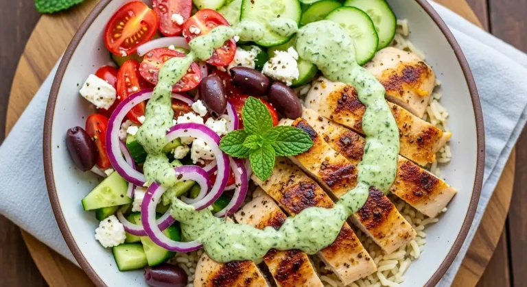 Greek Lemon Chicken Bowls with Sizzled Mint Goddess Sauce
