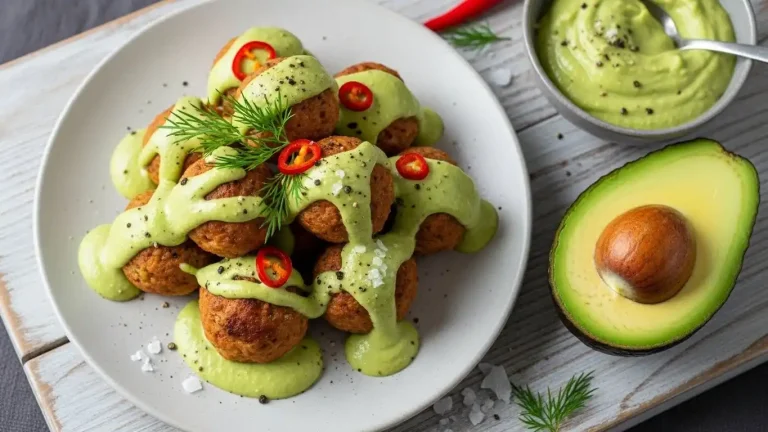 Baked Salmon Meatballs with Avocado Sauce