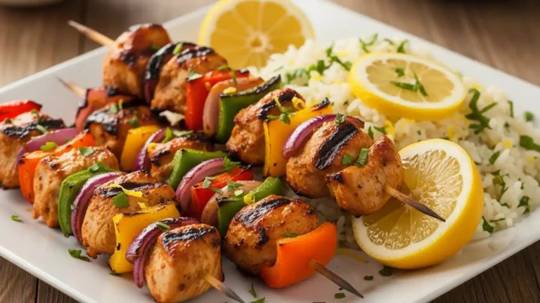 Marinated Grilled Chicken Skewers with Lemon Rice