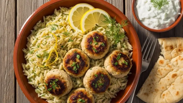 Greek Chicken Meatballs with Lemon Orzo