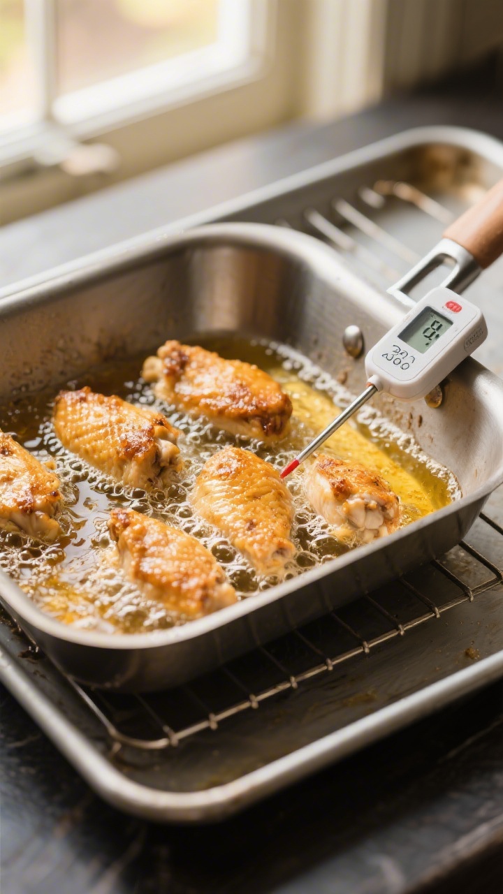 5–2 inches of oil at 330–340°F; several chicken pieces turning golden with active bubbling arou