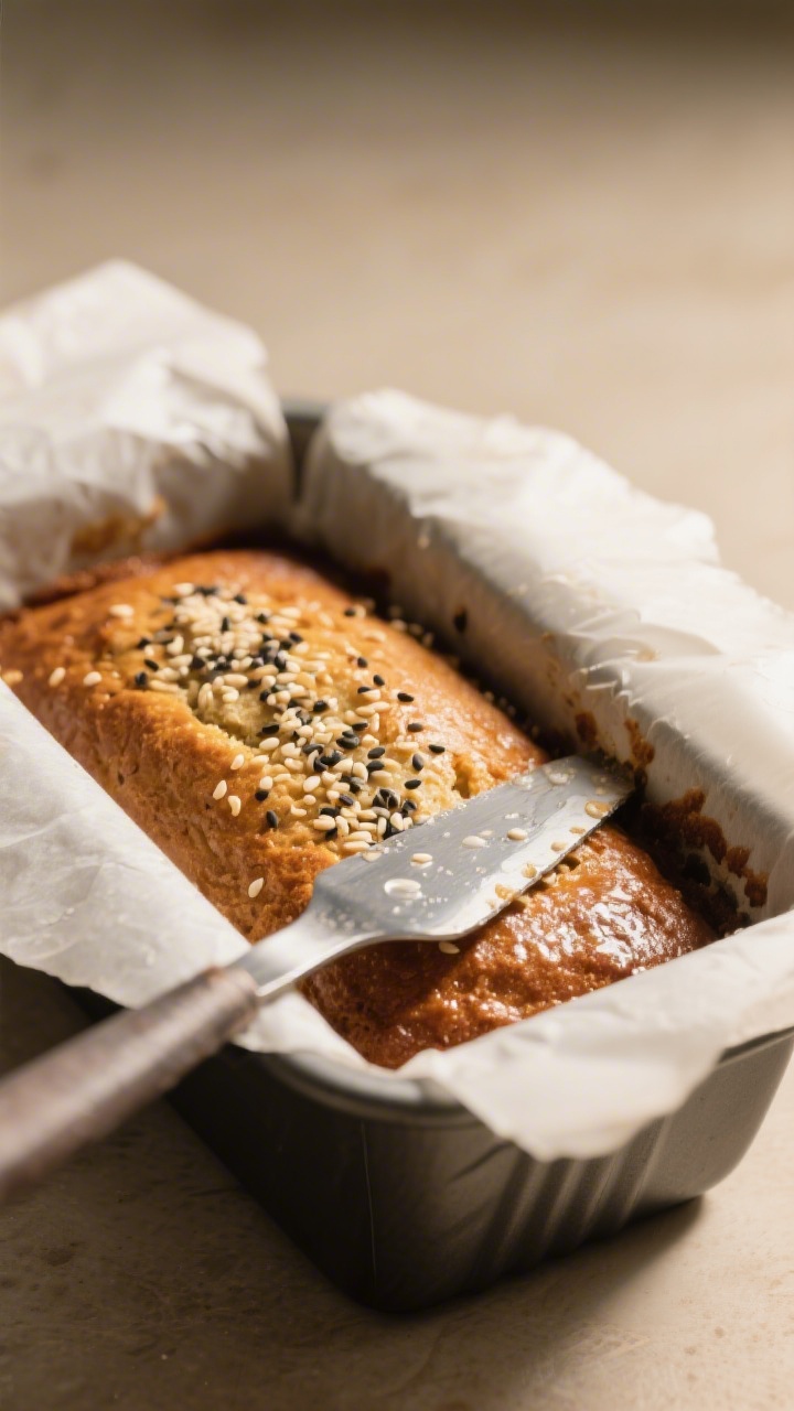 5-inch loaf pan with a damp spatula, a light sprinkle of sesame and poppy seeds on top for a pretty 