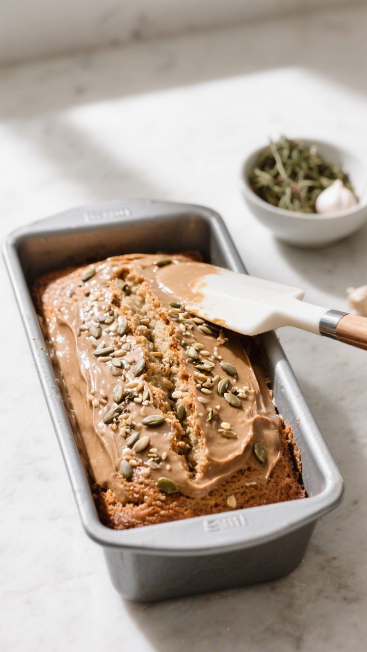 Coconut Flour Keto Bread - Simple, Satisfying, and Low-Carb 6 5-inch loaf pan with a spatula, the surface neatly leveled and a shallow line scored down the center