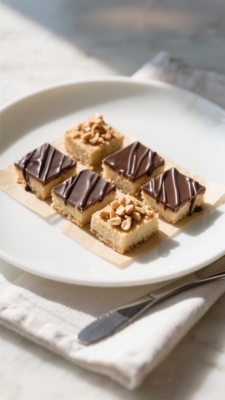 5-inch squares with sharp edges, arranged on a matte white platter; some bites drizzled with a thin,