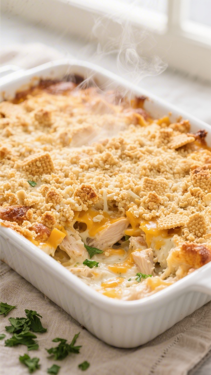 Million Dollar Chicken Casserole - Cozy, Creamy, and Crowd-Pleasing 2 Close-up detail: A bubbling, just-baked Million Dollar Chicken Casserole in a 9x13 white ceramic dis