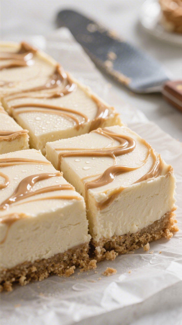 Close-up detail: A chilled slab of Keto Peanut Butter Cheesecake Bites just before slicing, showcasi