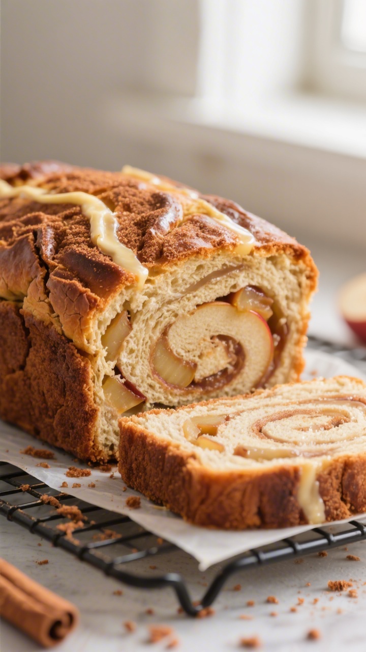 Close-up detail: A freshly baked Apple Cinnamon Bread loaf just out of the pan, focus on the crackle