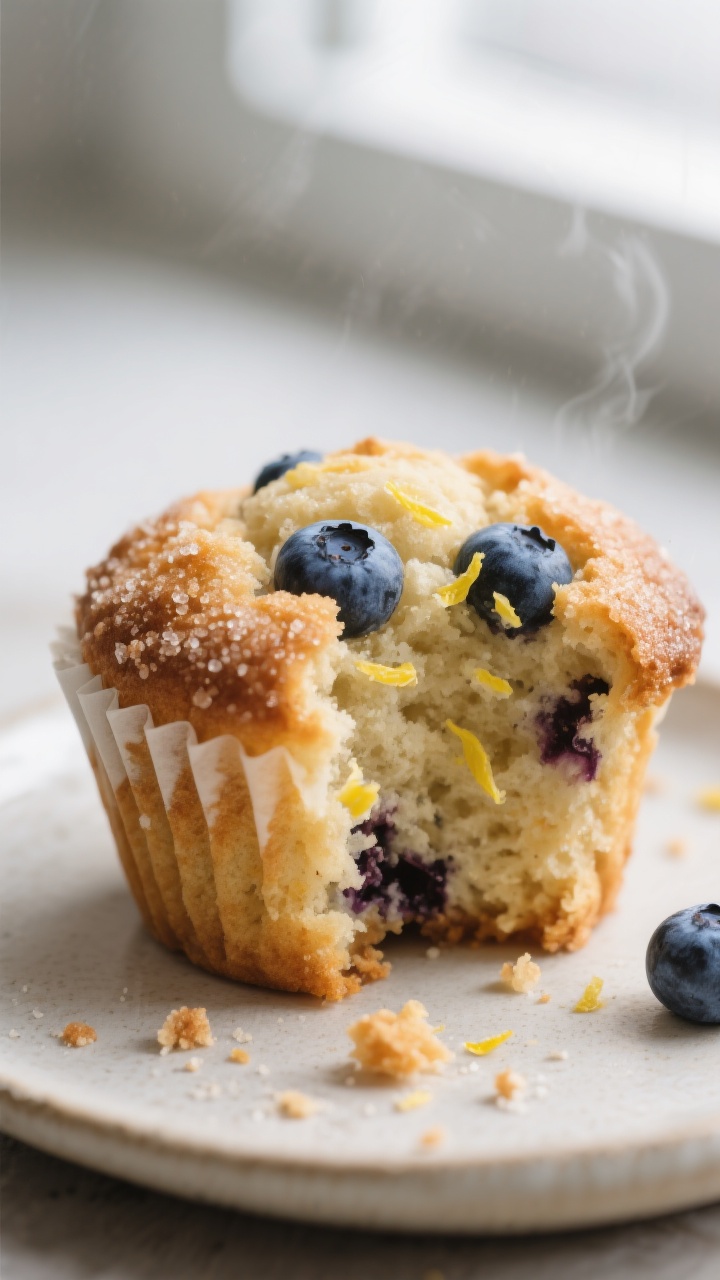 Close-up detail: A freshly baked blueberry muffin torn open to reveal a tender, moist crumb studded 