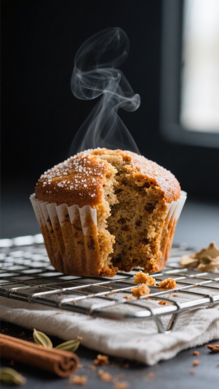 Close-up detail: A freshly baked chai spiced muffin torn open on a wire cooling rack, steam rising, 