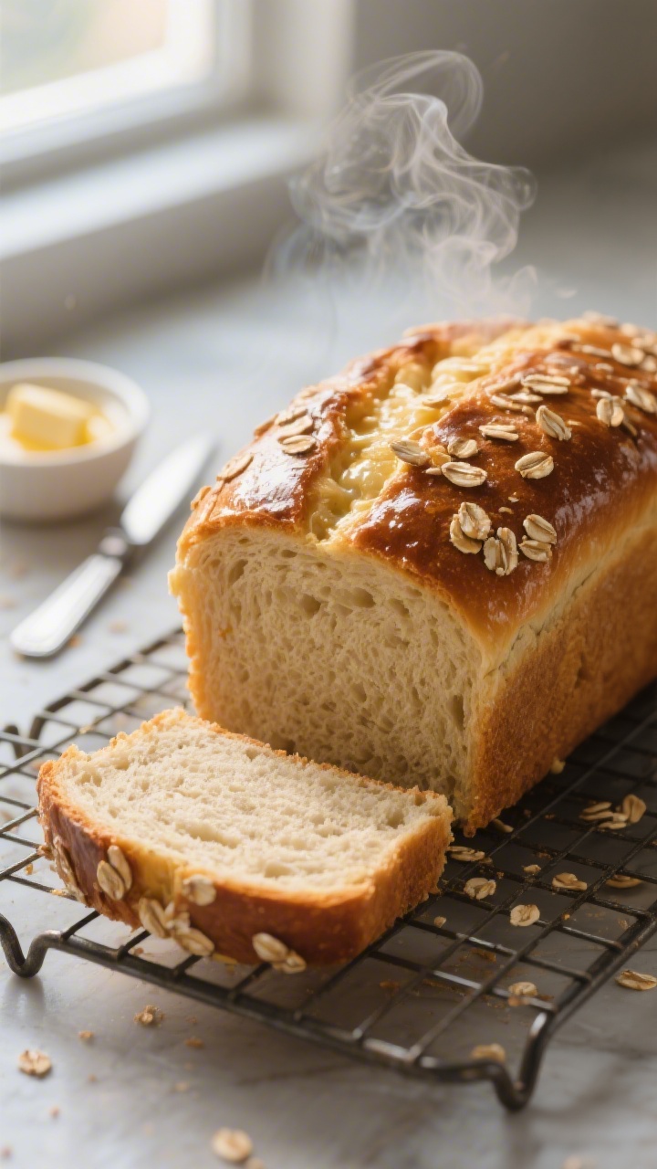 Close-up detail: A freshly baked honey oat bread loaf just out of the pan on a wire rack, deep golde