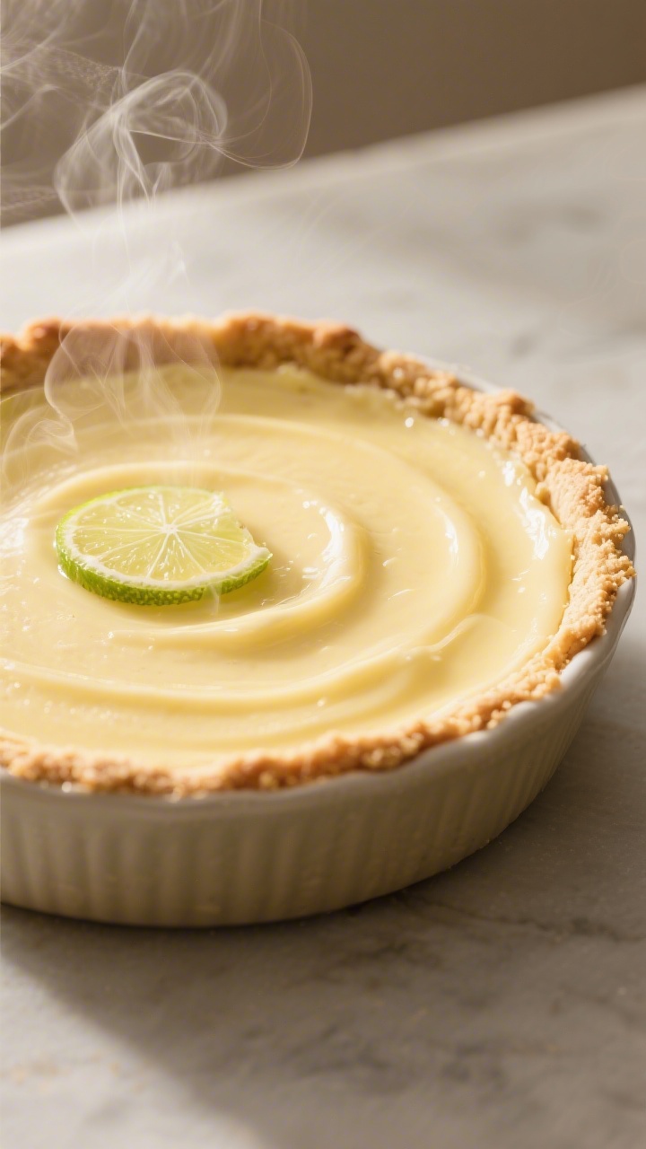 Close-up detail: A freshly baked key lime pie just out of the oven, filling set at the edges with a 