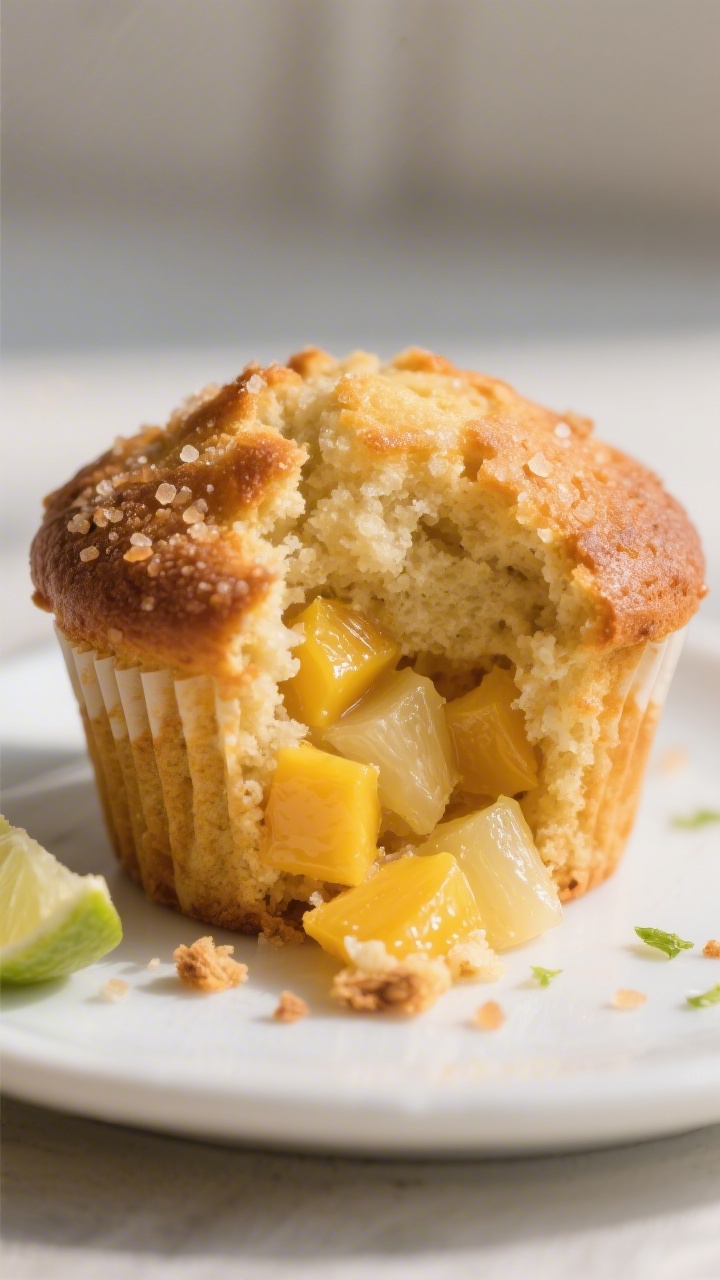 Close-up detail: A freshly baked mango pineapple muffin torn open to reveal a moist, tender crumb wi