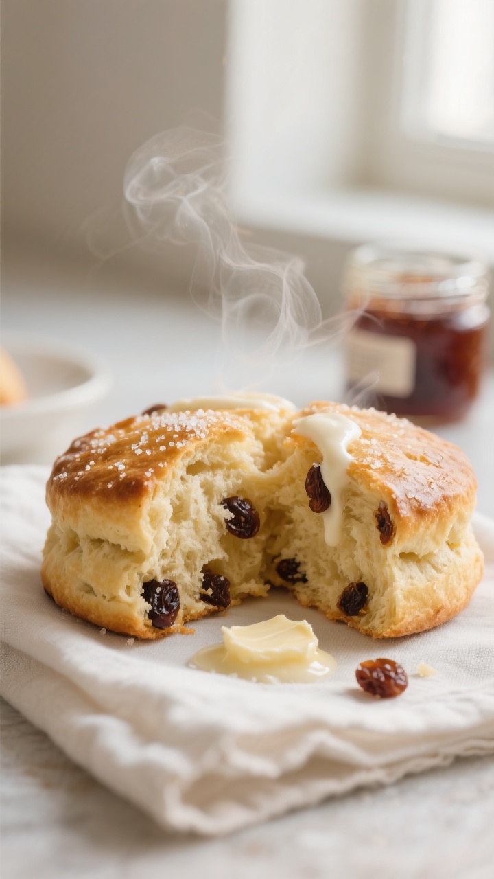 Close-up detail: A freshly baked raisin scone split open to reveal a tender, flaky interior studded 