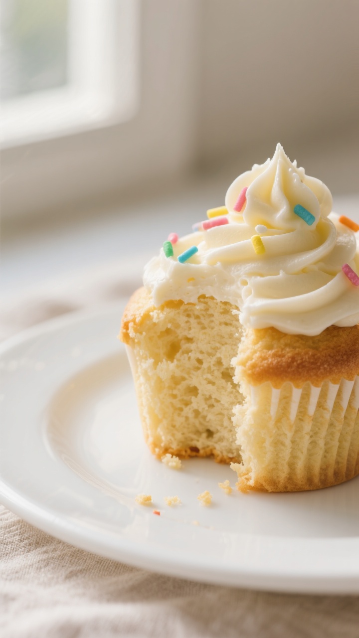 Close-up detail: A freshly baked vanilla cupcake torn open to reveal its soft, tender crumb with fin