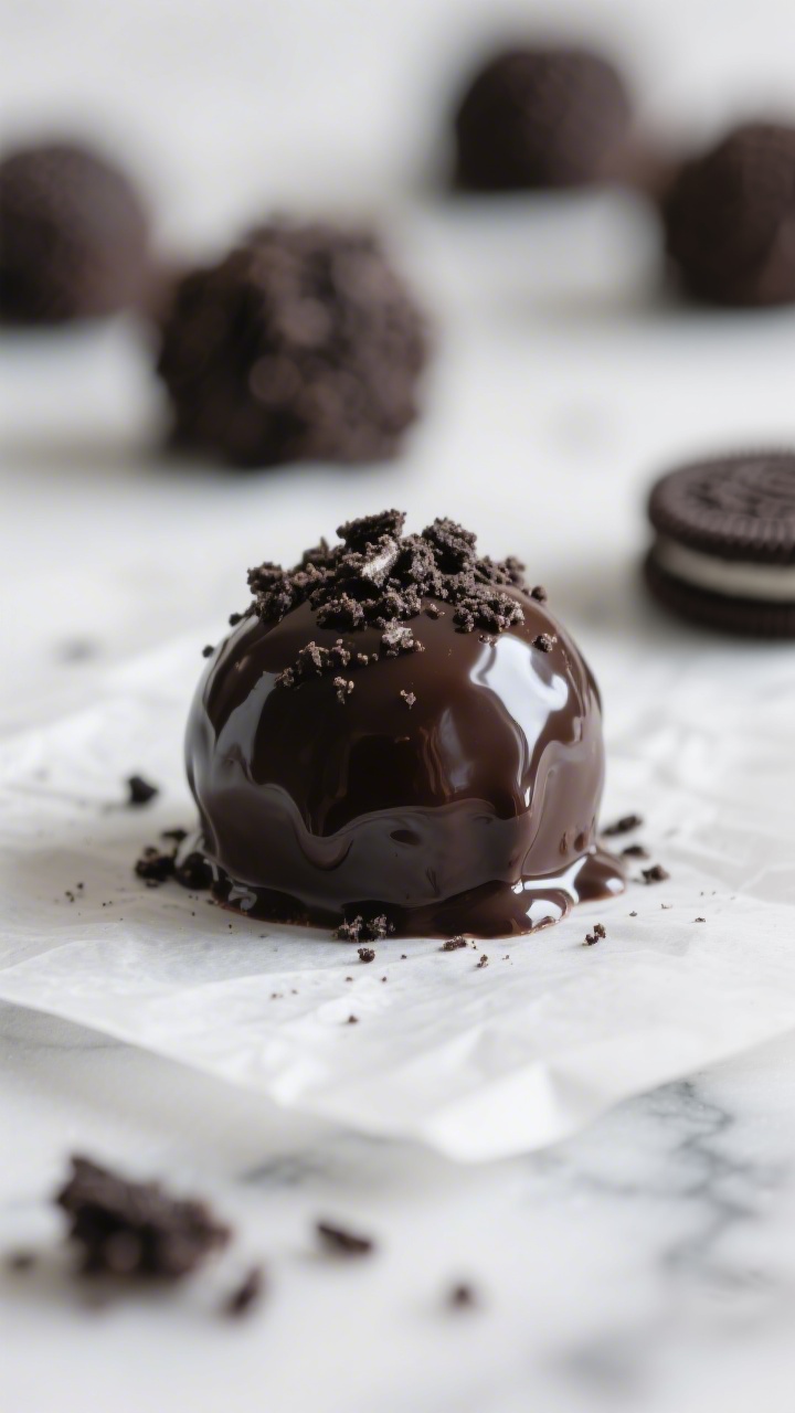 Close-up detail: A freshly dipped Oreo truffle resting on parchment, glossy dark chocolate shell sti