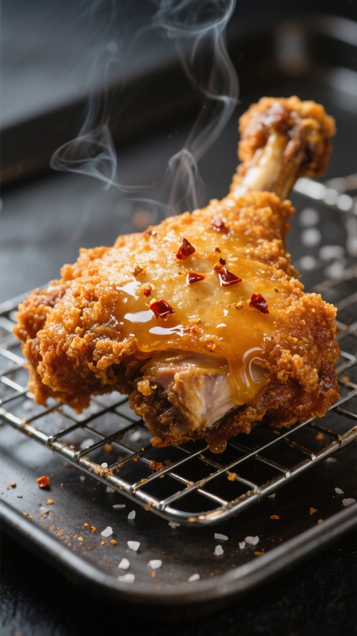 Close-up detail: A freshly fried drumstick and thigh resting on a wire rack, deep golden, extra-crag