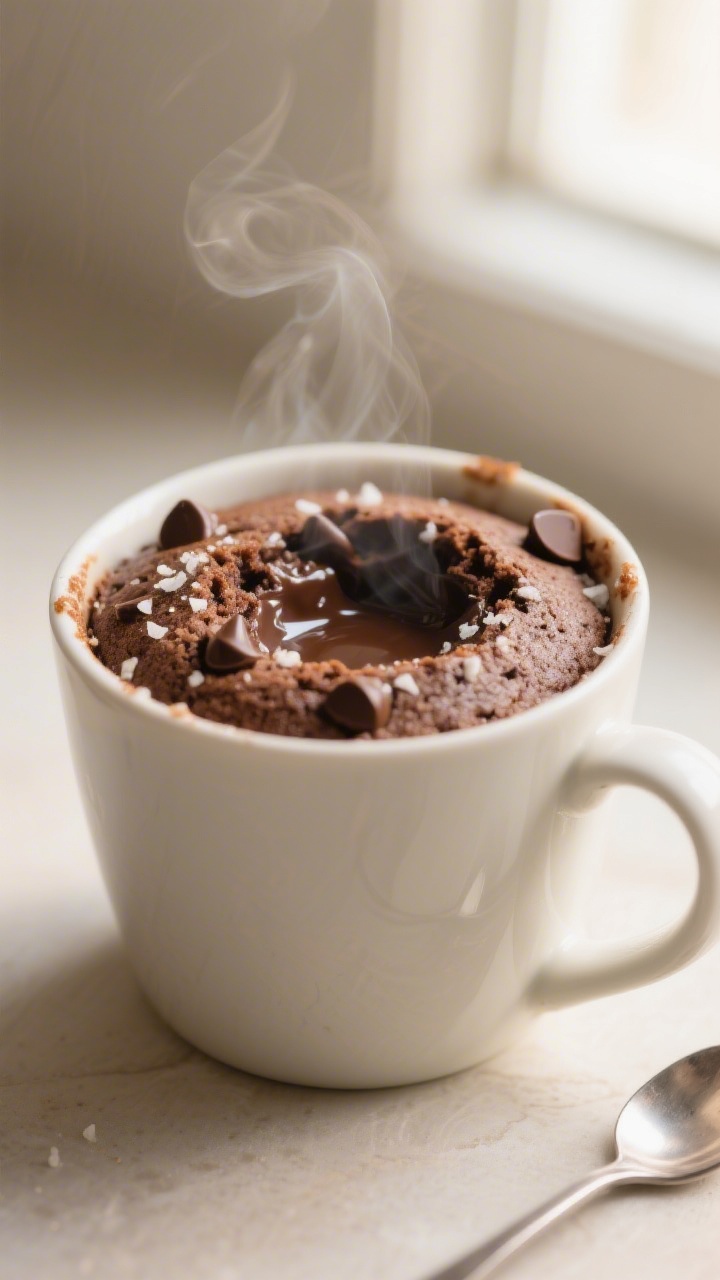 Close-up detail: A freshly microwaved Nutella mug cake in a wide, 12-ounce ceramic mug, edges set wi