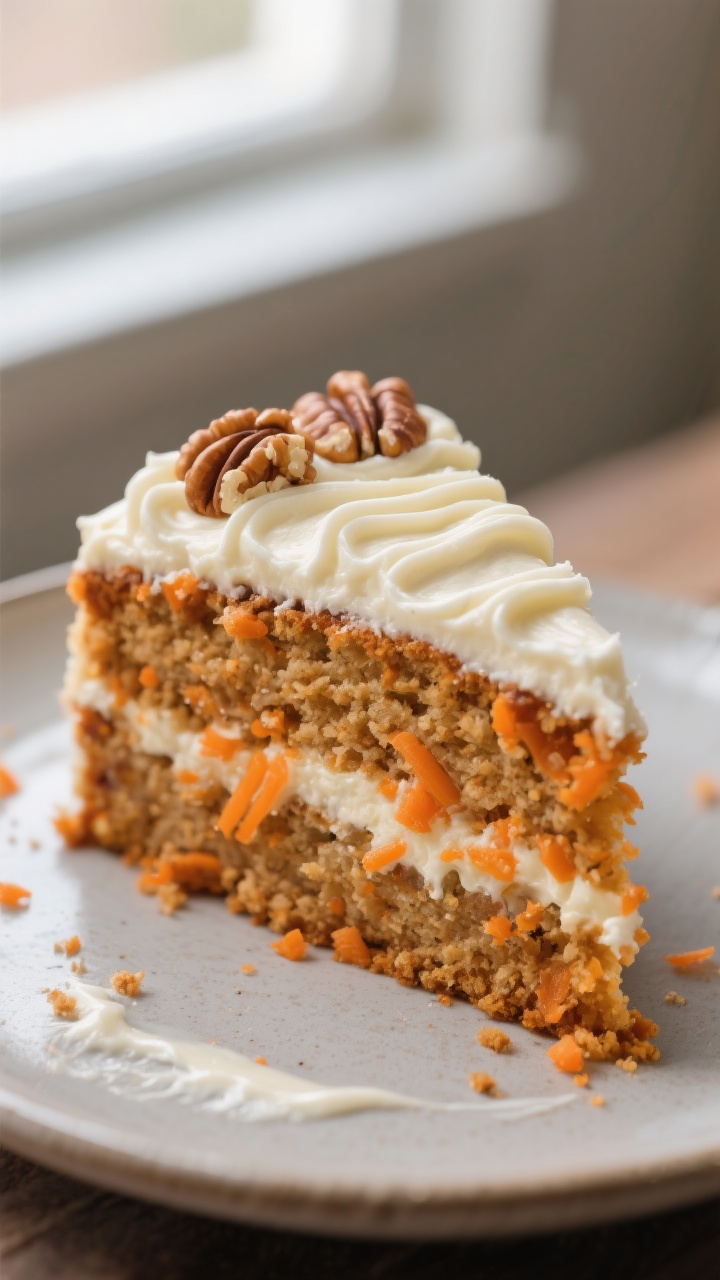 Close-up detail: A freshly sliced wedge of moist carrot cake with visible finely grated carrot fleck