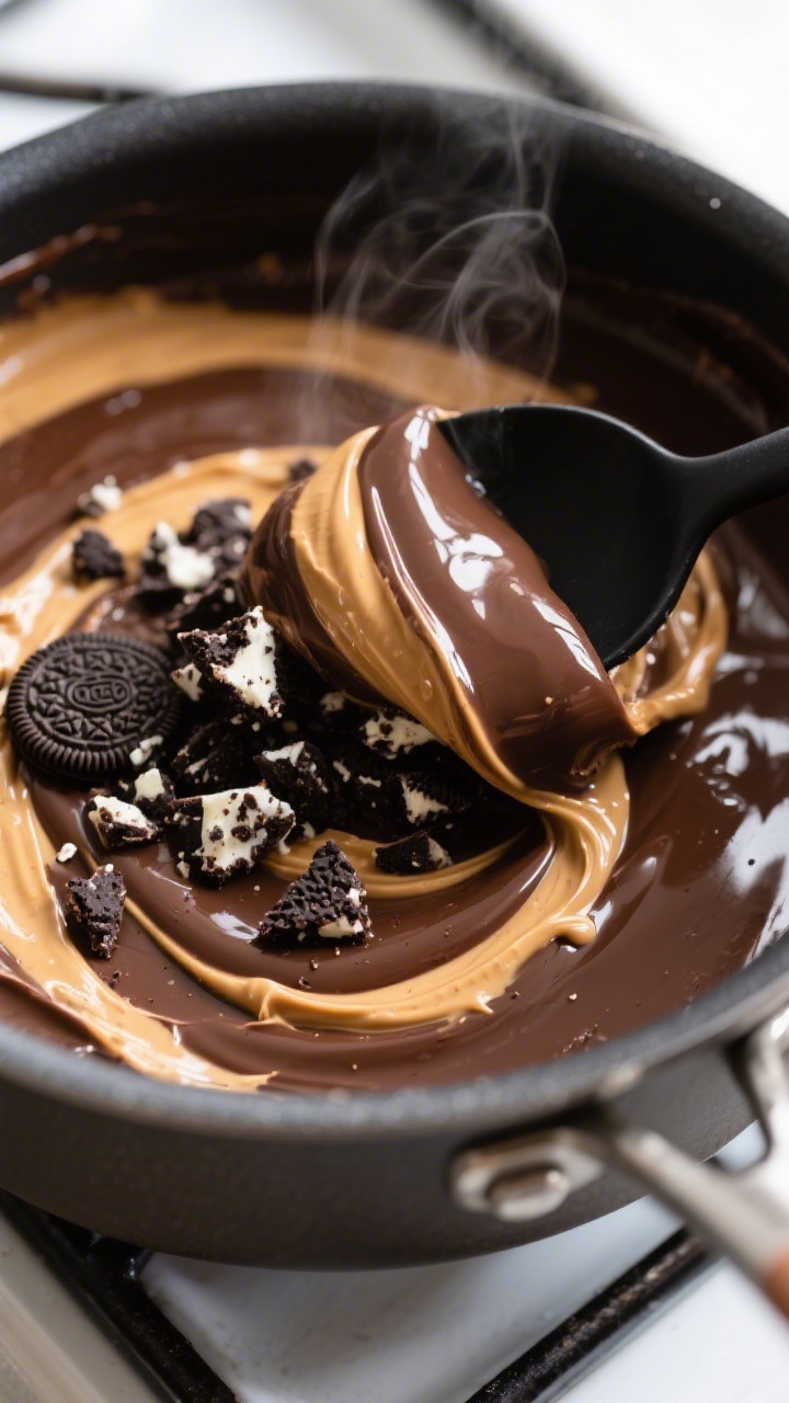 Close-up detail: A glossy ribbon of freshly melted peanut butter–chocolate fudge being folded with