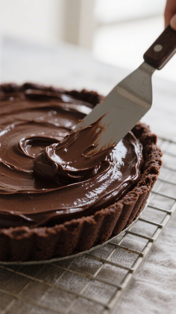 Close-up detail: A glossy, silky-smooth dark chocolate silk pie filling being spread into a fully co