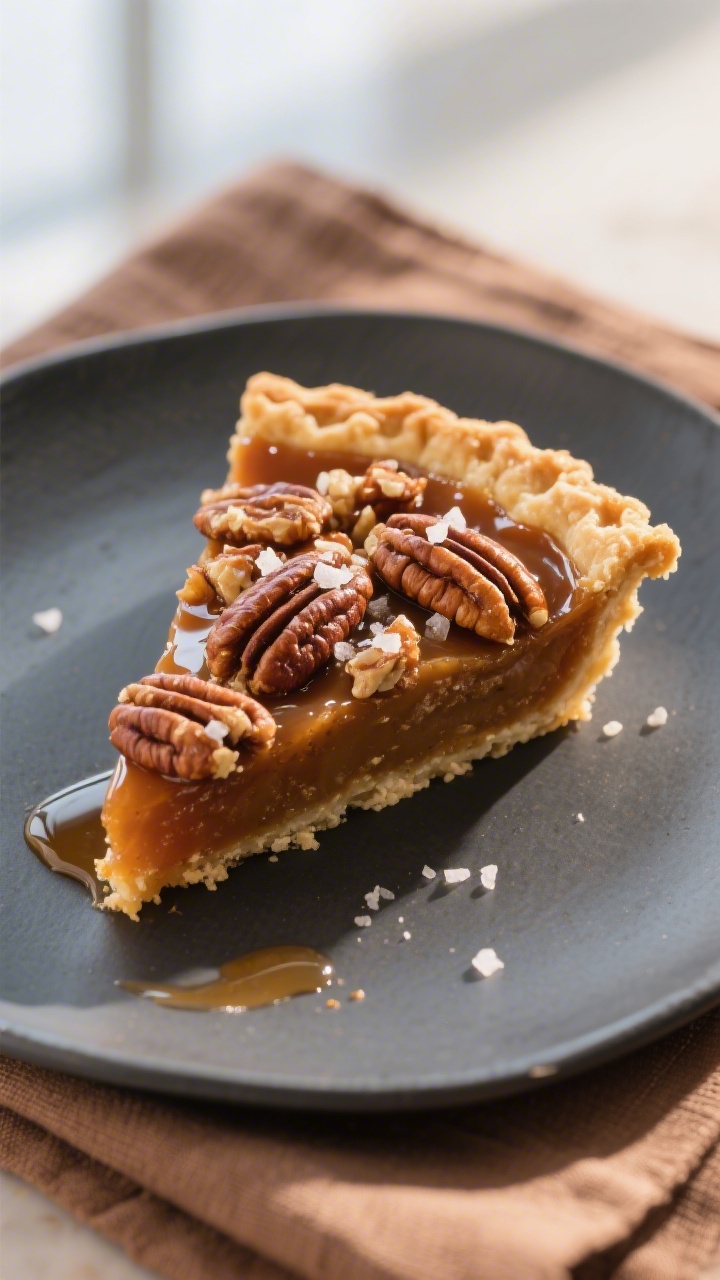 Close-up detail: A glossy slice of maple bourbon pecan pie on a matte charcoal plate, showing the cu