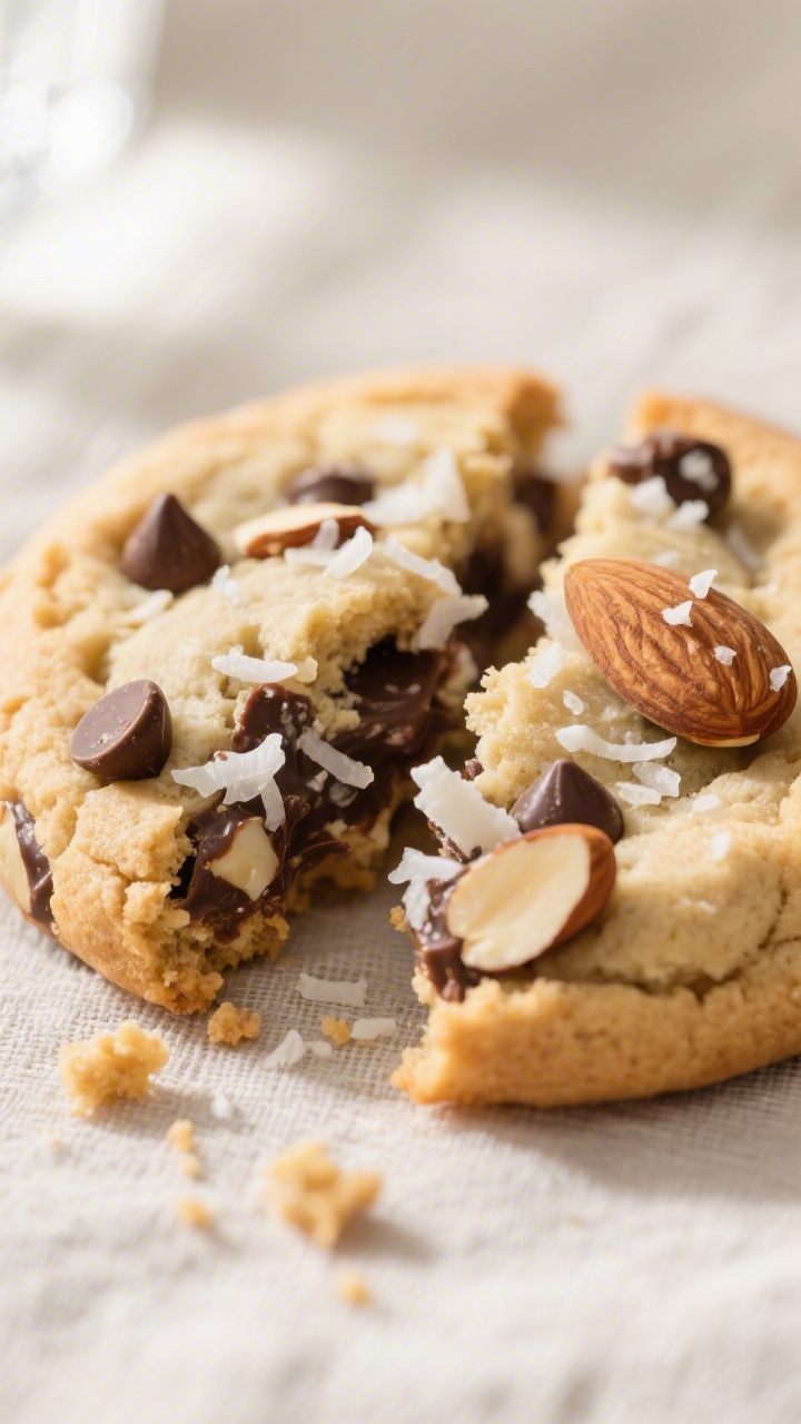 Close-up detail: A just-baked Almond Joy cookie broken in half, revealing gooey semi-sweet chocolate