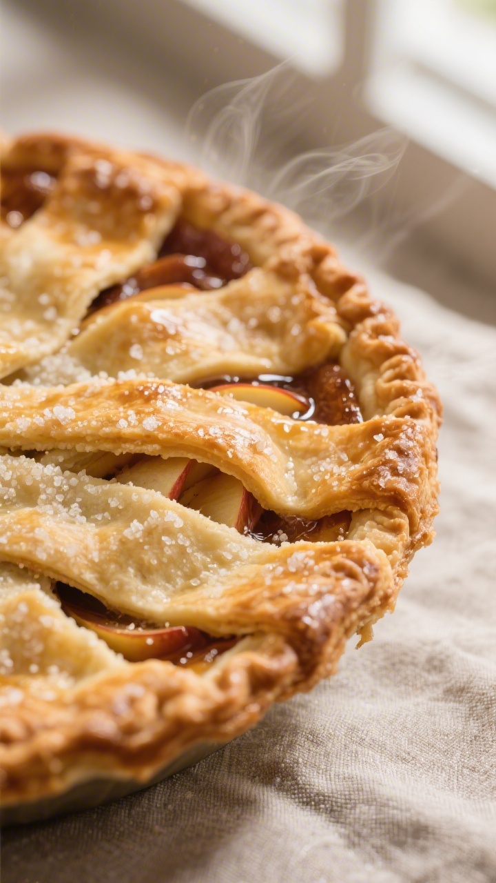 Close-up detail: A just-baked apple pie with a deeply golden, flaky double crust, visible sugar spar