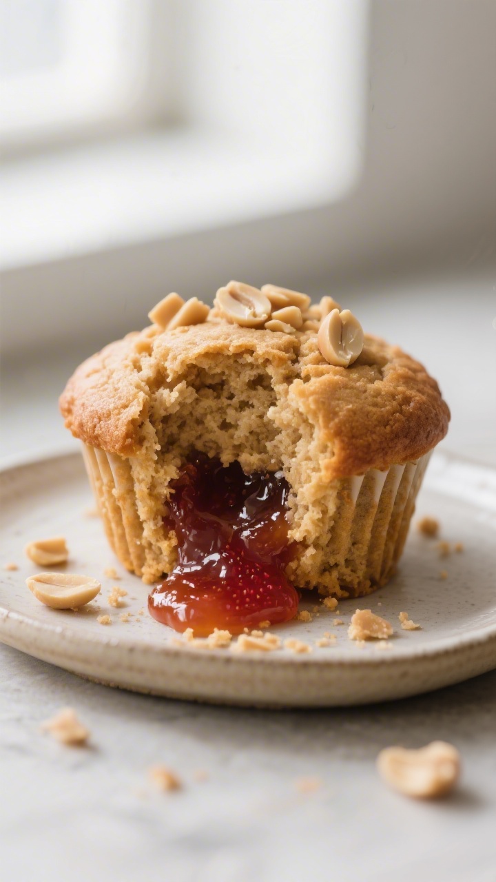 Close-up detail: A just-baked peanut butter jelly muffin torn open to reveal a glossy strawberry jam