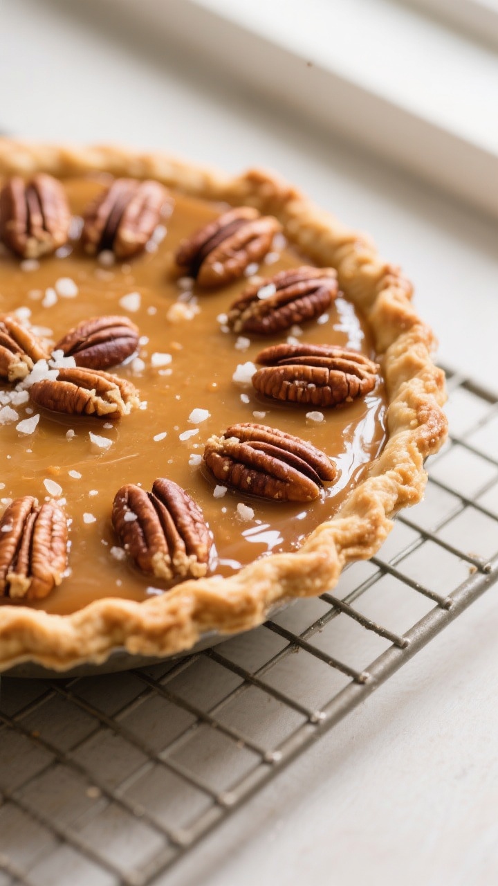 Close-up detail: A just-baked pecan pie on a cooling rack, edges beautifully crimped and lightly gol
