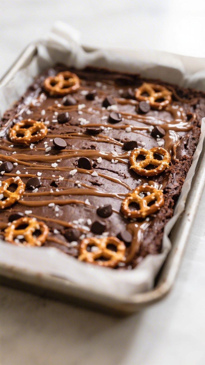 Salted Caramel Pretzel Brownies - Soft, Chewy, and Sweet-Salty Bliss 2 Close-up detail: A just-baked slab of salted caramel pretzel brownies in a parchment-lined 9x13 pan,