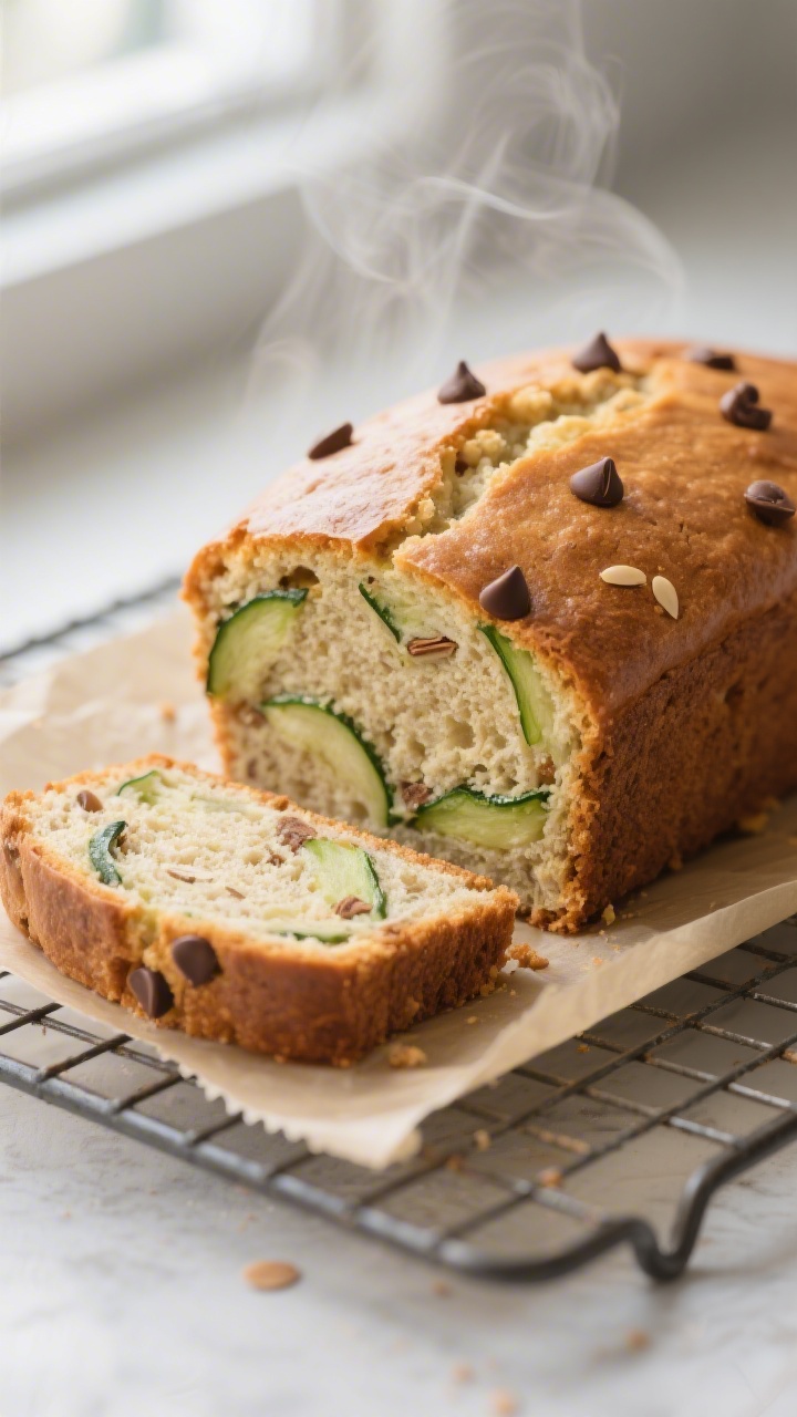 Close-up detail: A just-baked zucchini keto bread loaf cooling on a wire rack, parchment overhang vi
