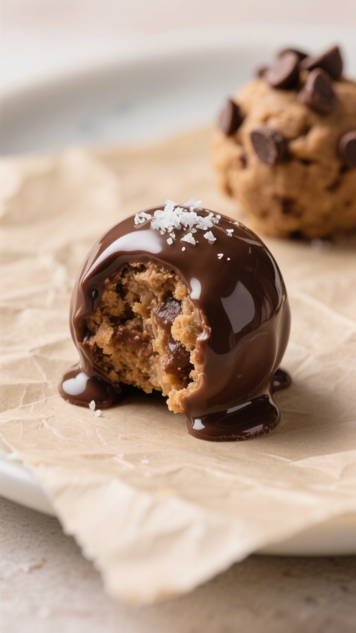 Close-up detail: A just-dipped Nutella stuffed cookie dough truffle resting on parchment, glossy sem