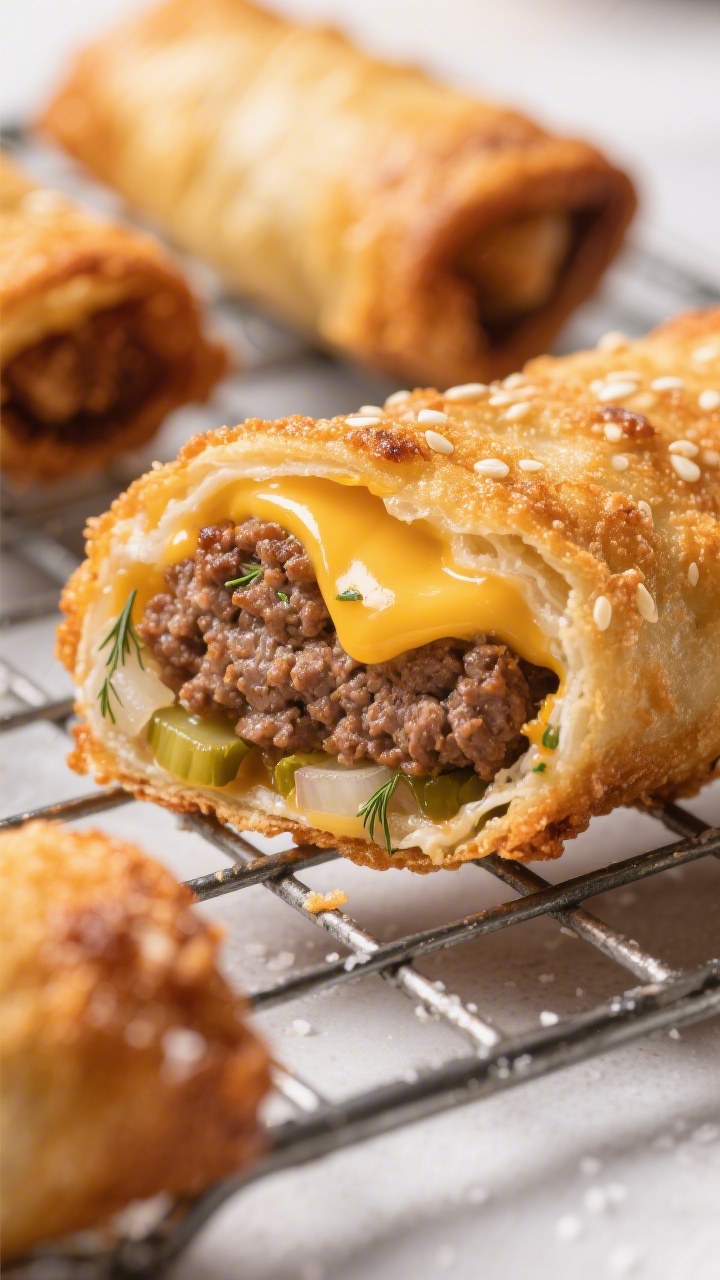 Close-up detail: A just-fried cheeseburger egg roll split open on a wire rack, revealing juicy seaso