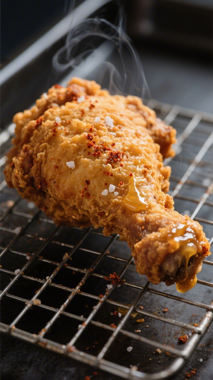 Close-up detail: A just-fried chicken thigh resting on a wire rack, crust ultra-craggy and golden wi