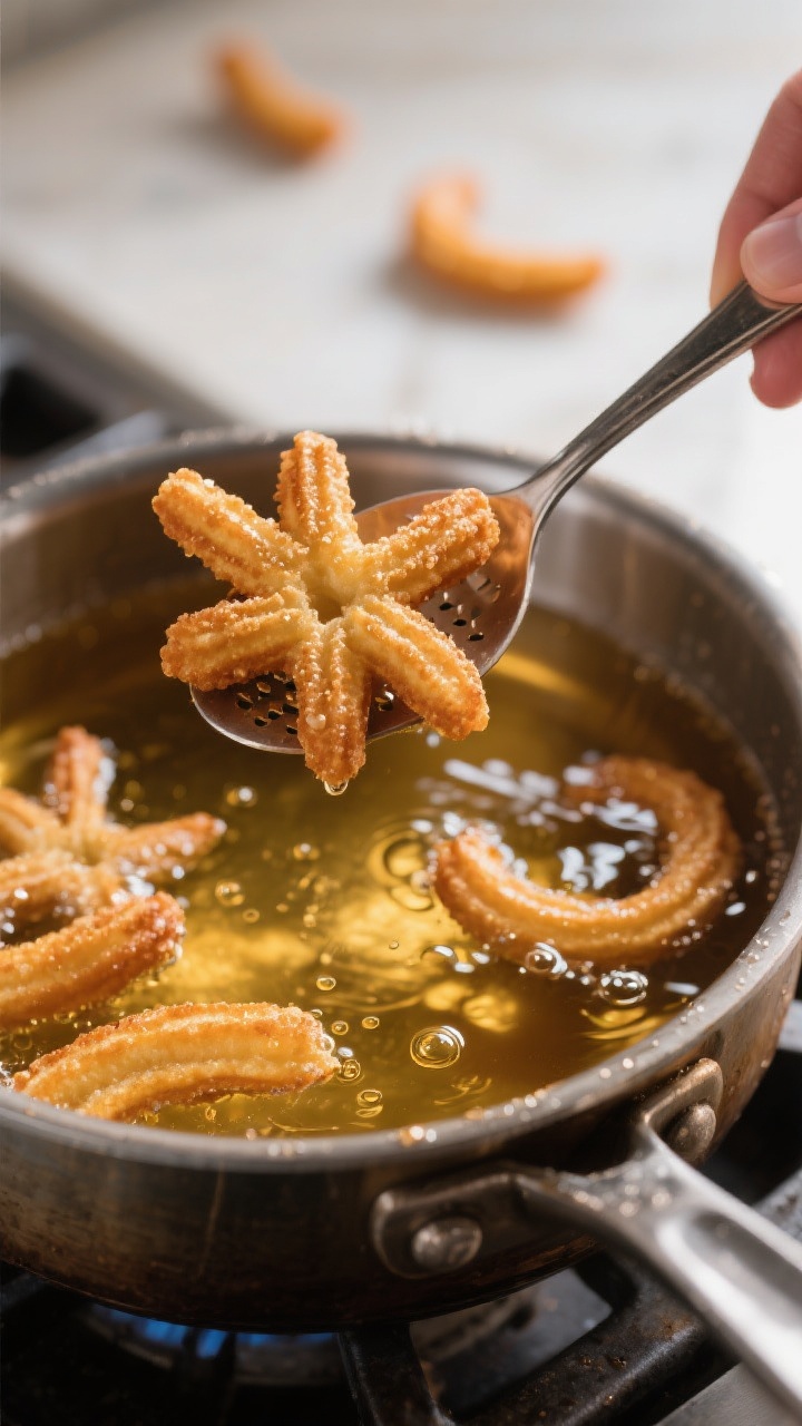 Close-up detail: A just-fried churro held on a slotted spoon above a heavy pot of shimmering 365°F 