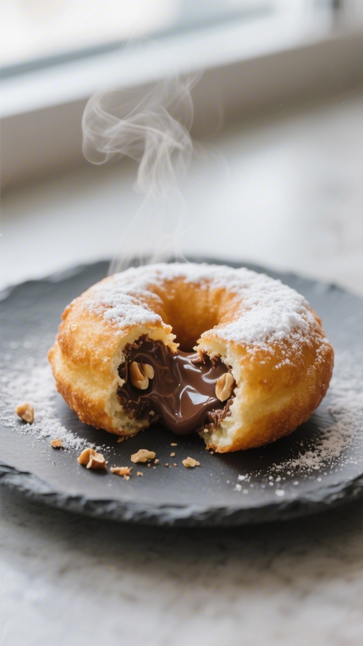 Close-up detail: A just-fried Nutella-stuffed Oreo split open to reveal a warm, gooey hazelnut-choco