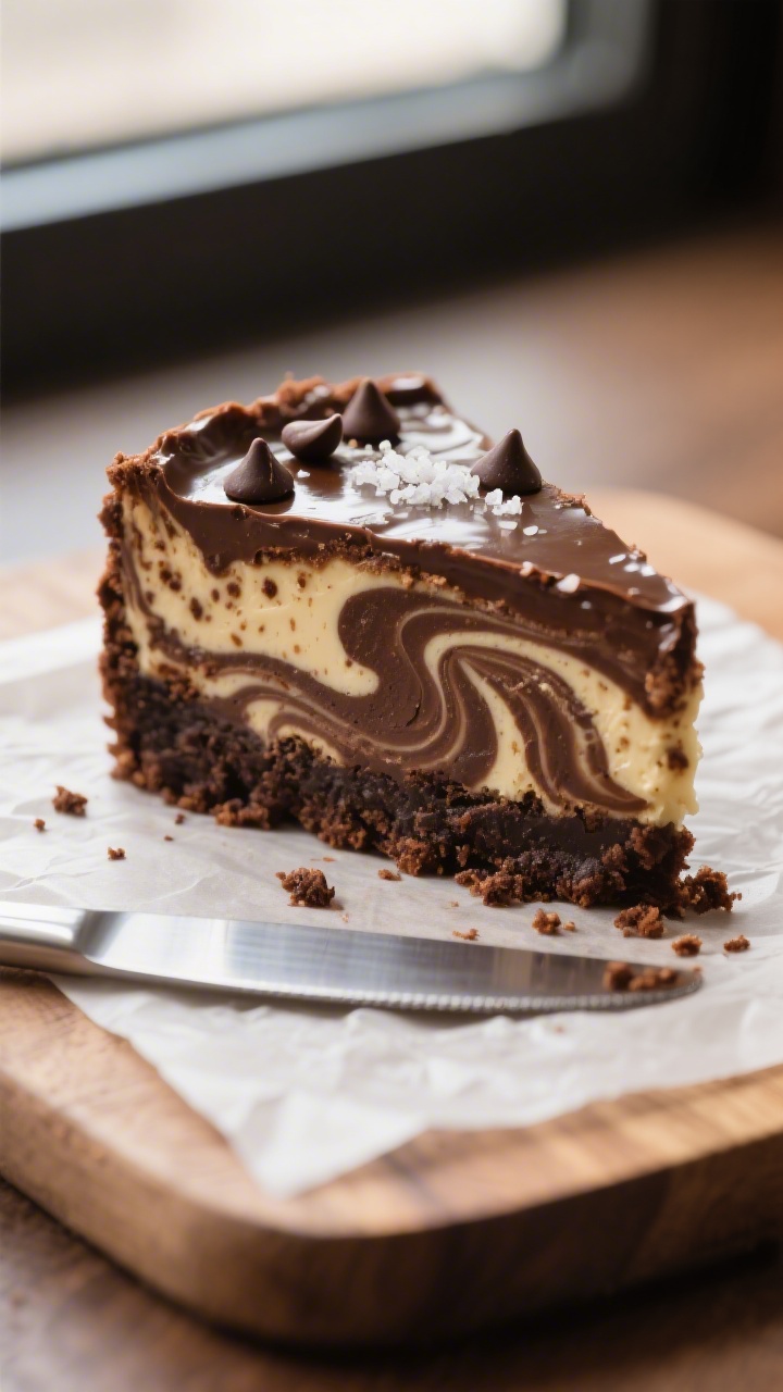 Close-up detail: A just-sliced mocha cheesecake brownie square on a parchment-lined board, showcasin
