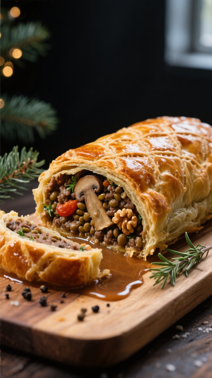 Close-up detail: A just-sliced mushroom and lentil Wellington on a wooden board, revealing its rich,