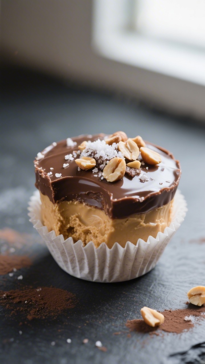 Frozen Peanut Butter Nutella Cups - A Creamy, Crunchy, No-Bake Treat 2 Close-up detail: A mini frozen peanut butter Nutella cup just out of its liner, biting reveal of the