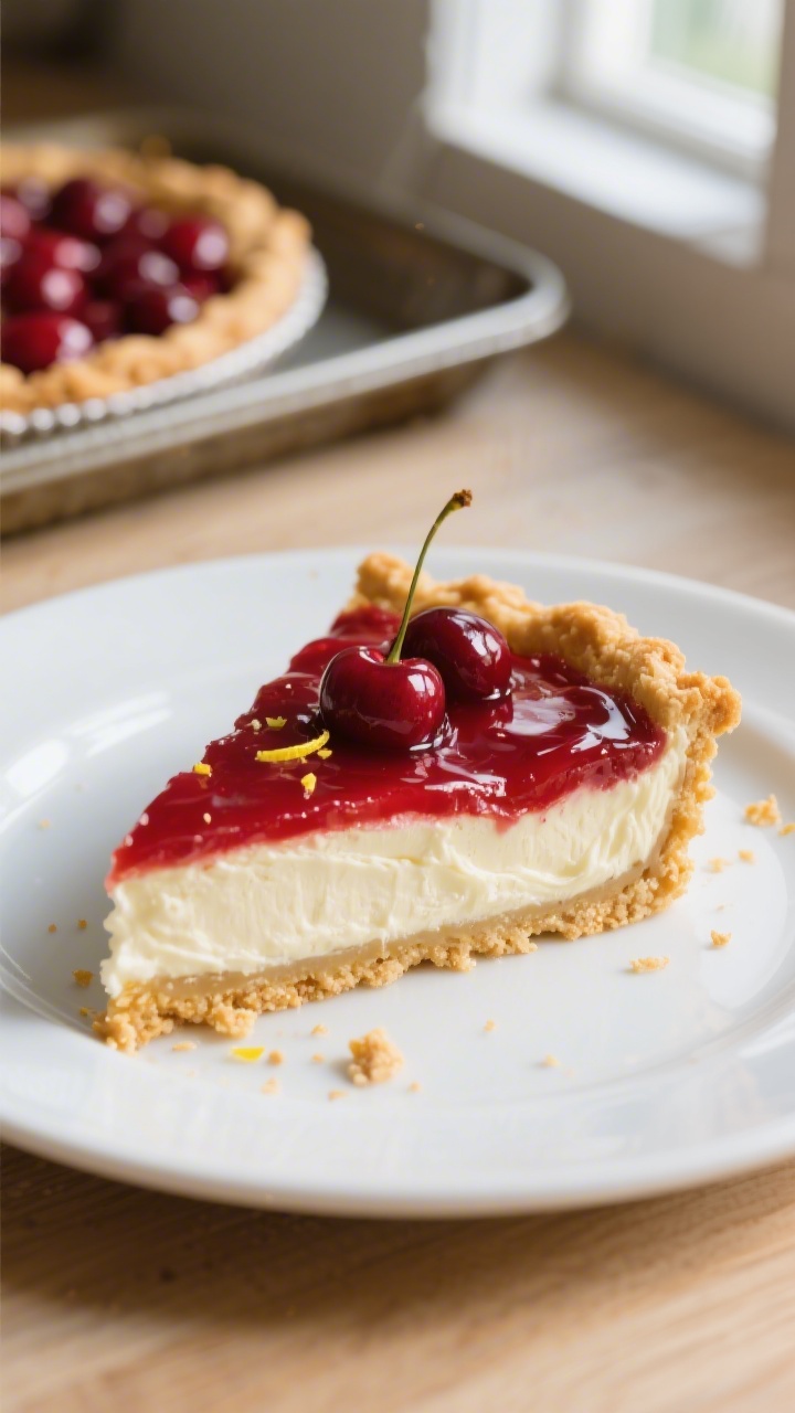 Close-up detail: A perfectly set slice of Cherry Delight lifted from the pan, showing distinct layer