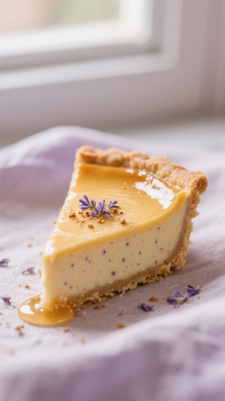 Close-up detail: A silky slice of honey lavender custard pie just cut, the custard showing a glossy,