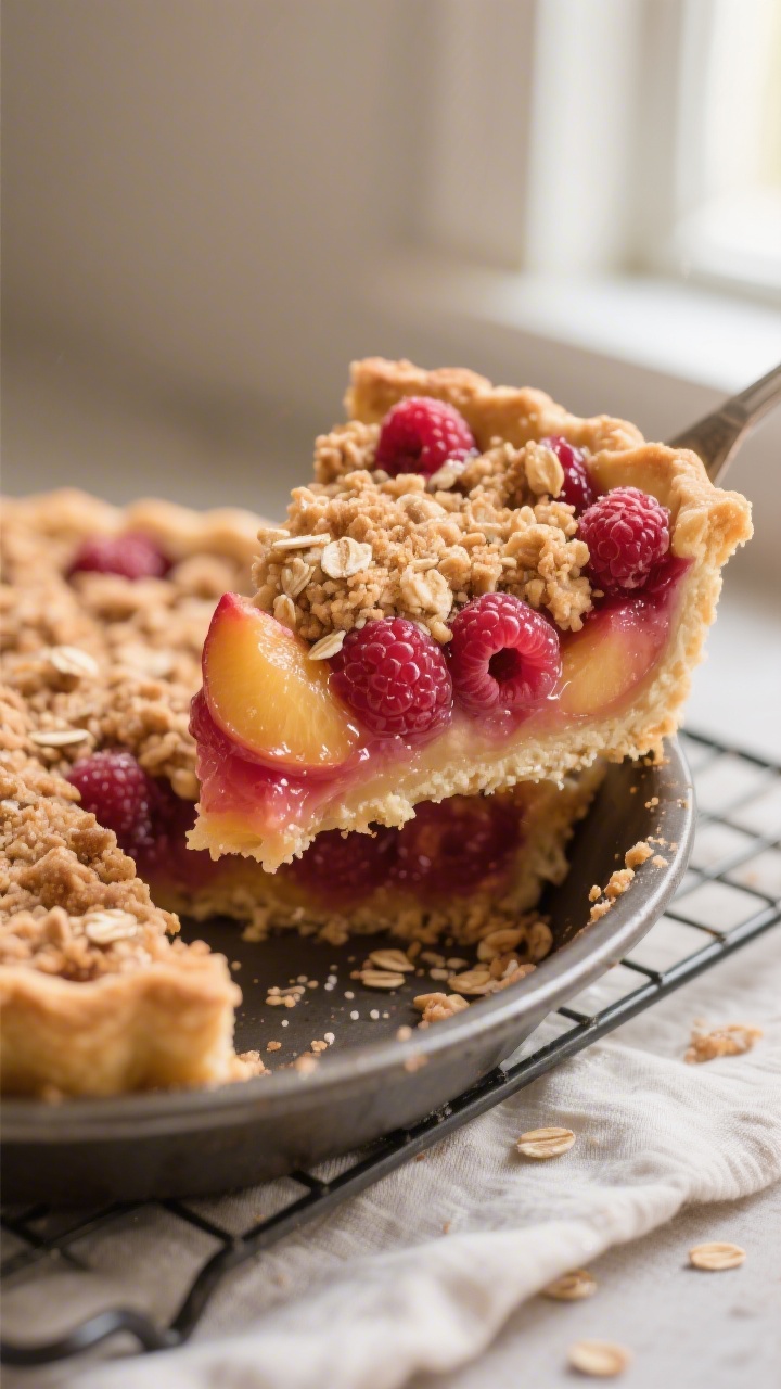 Close-up detail: A slice of peach raspberry crumble pie just cut and lifted from the pan, showing th