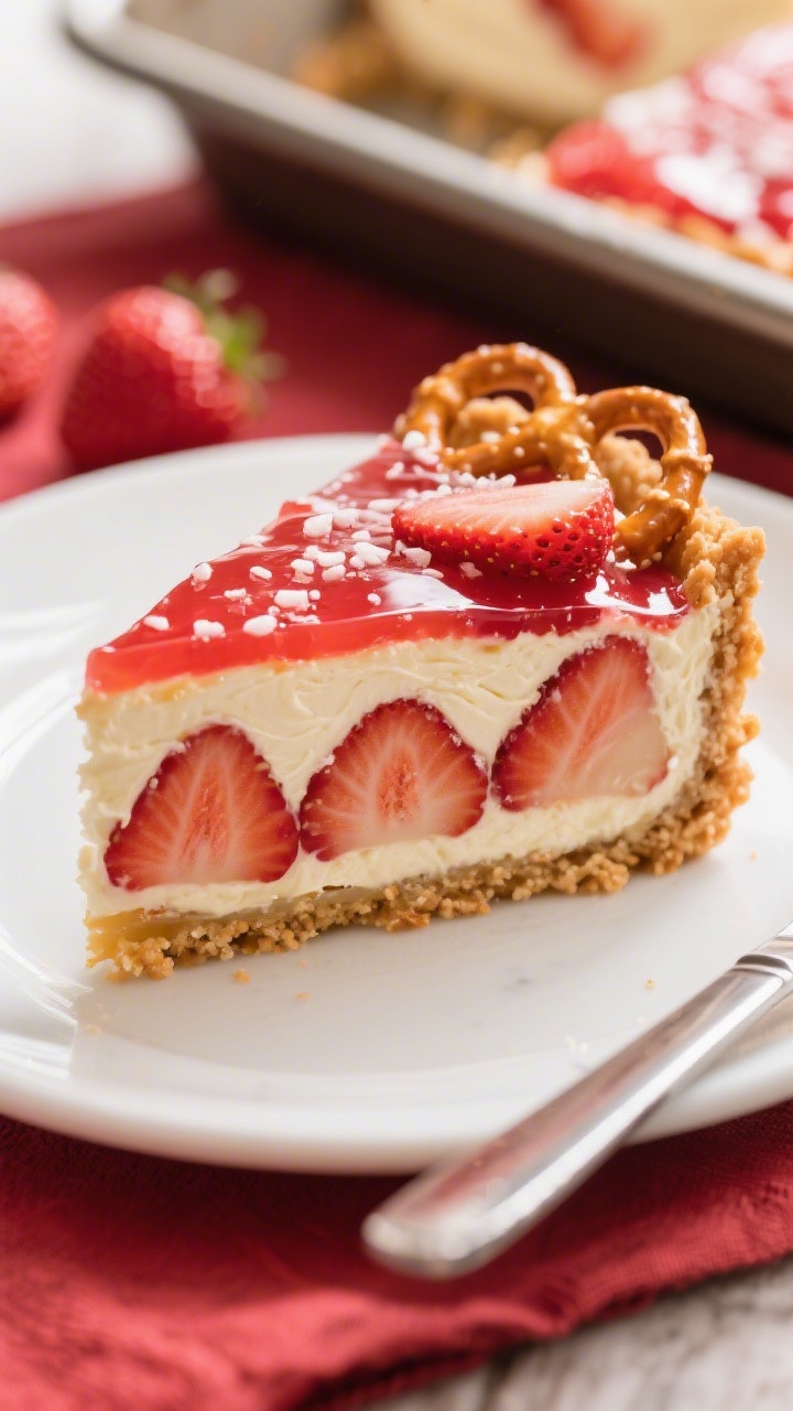 Strawberry Pretzel Salad - A Sweet, Salty, and Creamy Classic 2 Close-up detail: A slice of Strawberry Pretzel Salad lifted slightly from the pan, showcasing distin