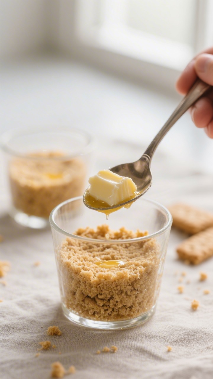 Close-up detail: A spoon gently pressing a buttery graham cracker crumb base into a small clear glas