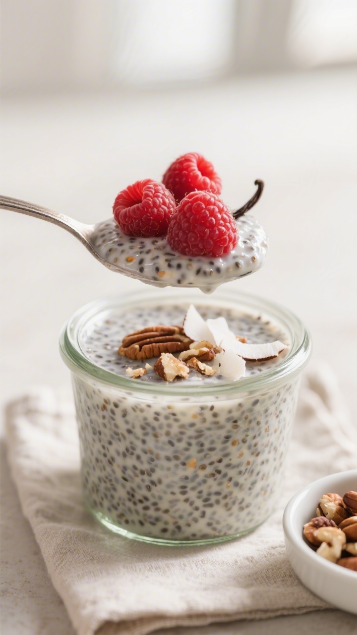 Close-up detail: A spoon lifting a thick, creamy keto chia seed pudding from a small glass jar, show