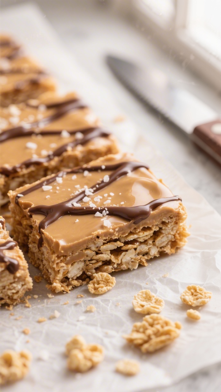 Close-up detail: A tight macro of freshly sliced Peanut Butter Cornflake Bars on parchment, showing 