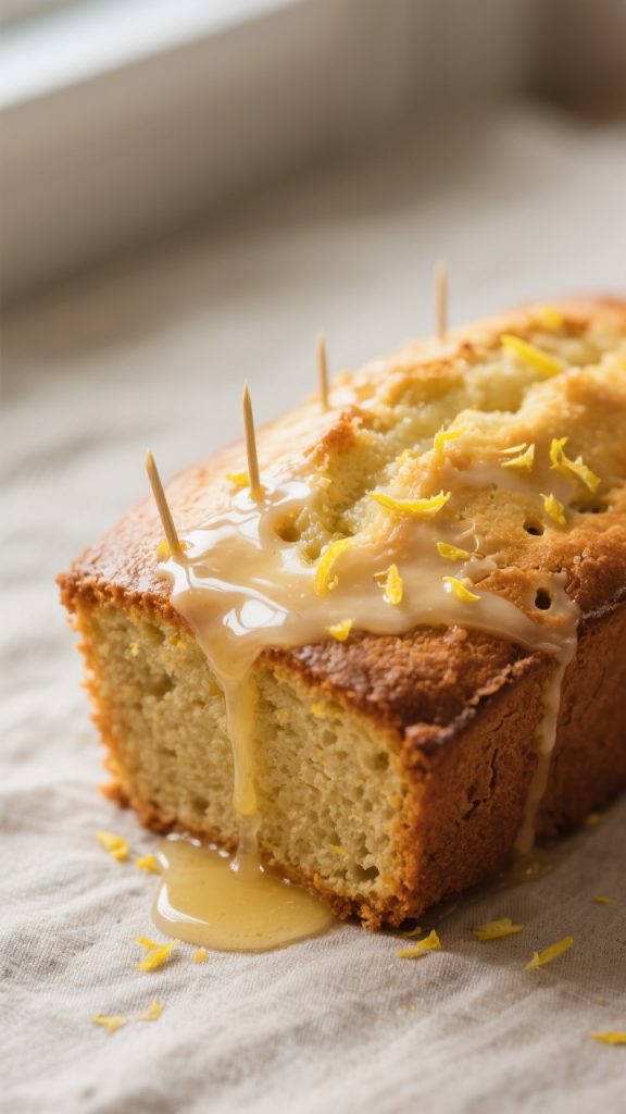Close-up detail: A warm lemon drizzle loaf just out of the pan, top pierced with fine skewer holes a