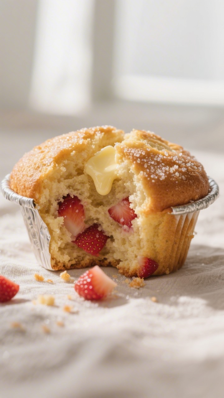 Close-up detail: A warm strawberry shortcake muffin just out of the tin, split open to reveal a tend