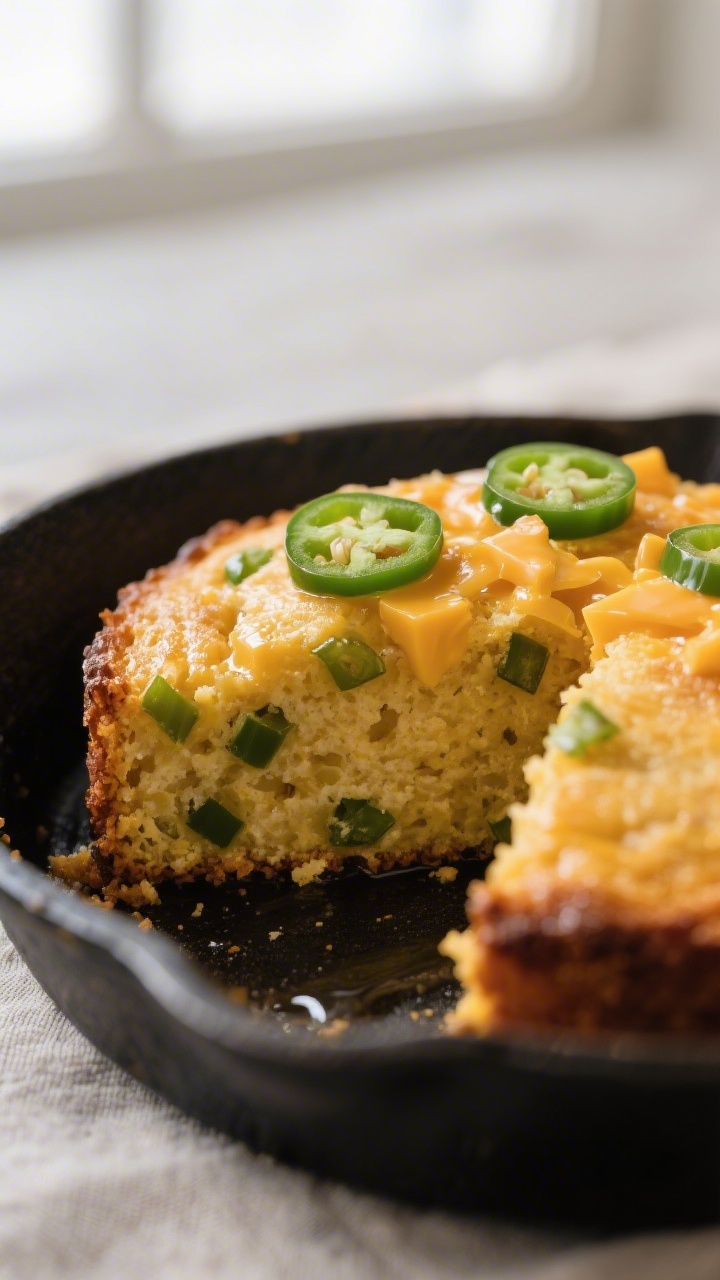 Close-up detail: A wedge of cheddar jalapeno cornbread just sliced from a hot cast-iron skillet, sho